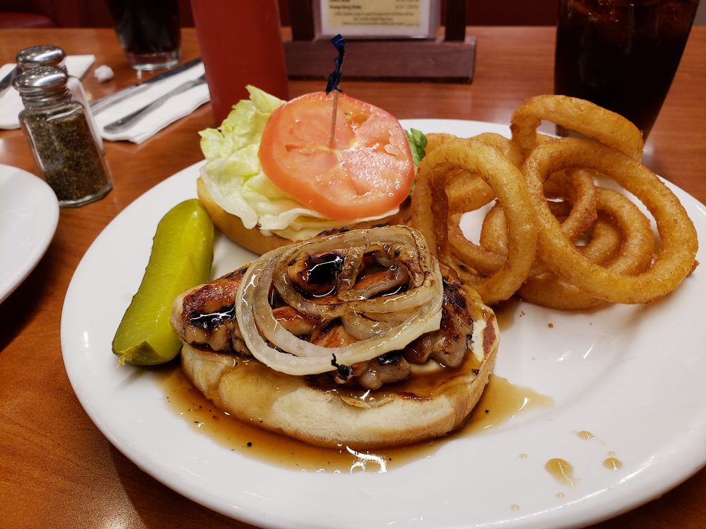 Chicken Sandwich with Teriyaki Sauce and Onion Rings