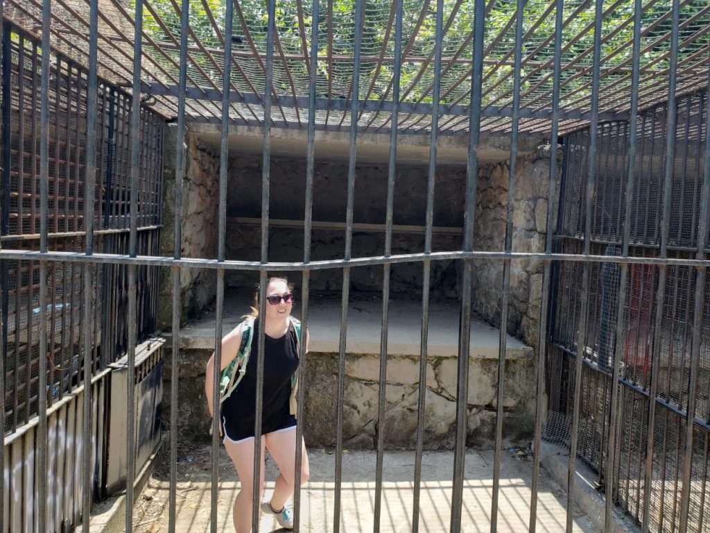 Girl inside one of the old zoo cages