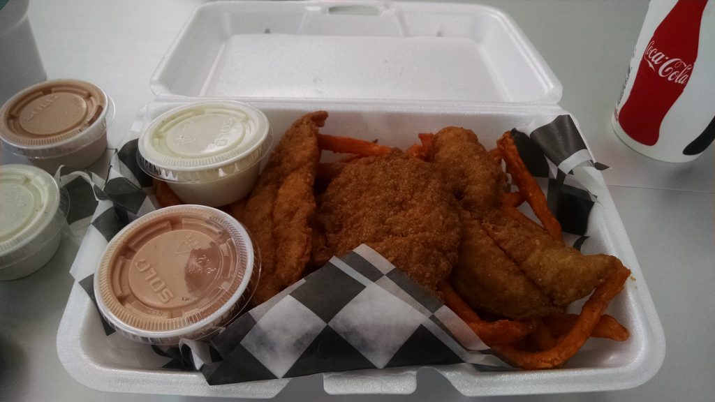 Chicken strips with sweet potato fries