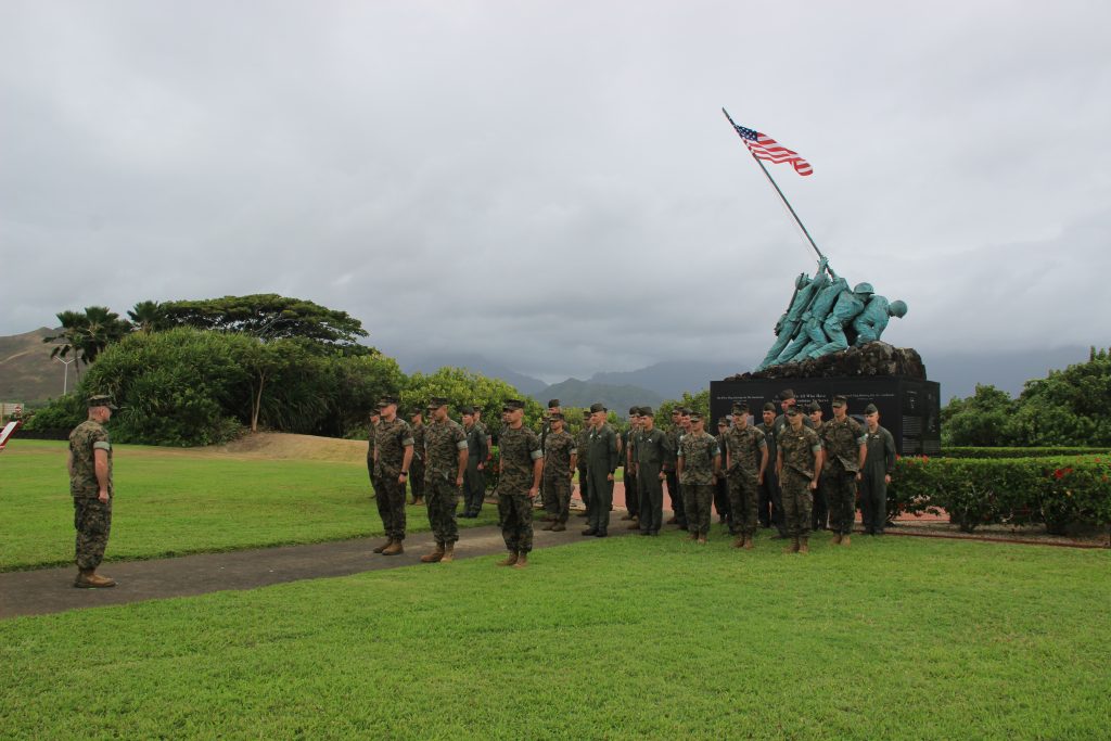 USMC promotion ceremony in front of an Iwo Jima Statue