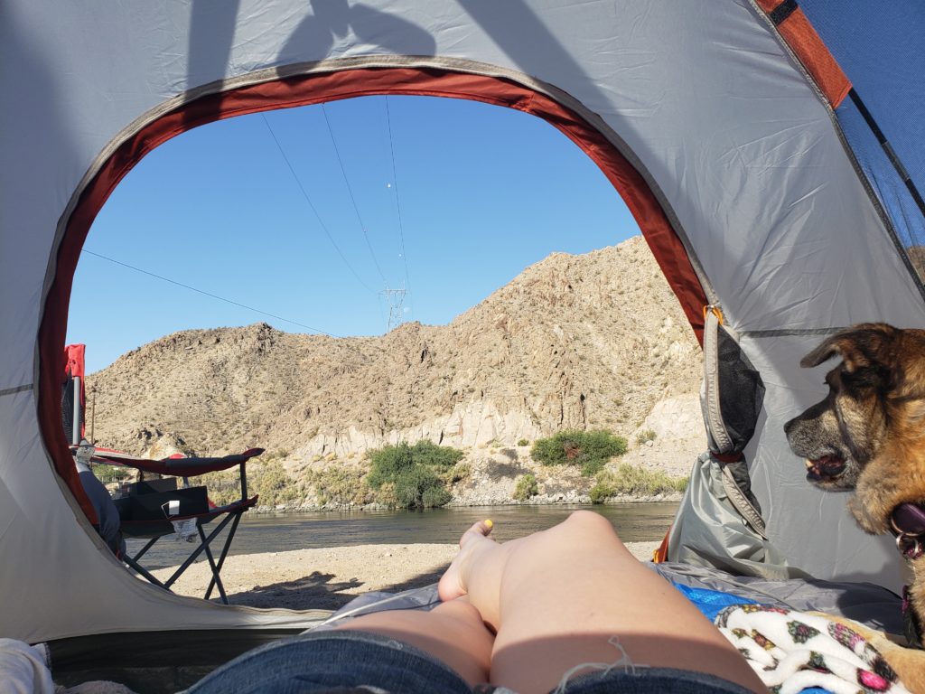 View of the Colorado River from inside a tent. 