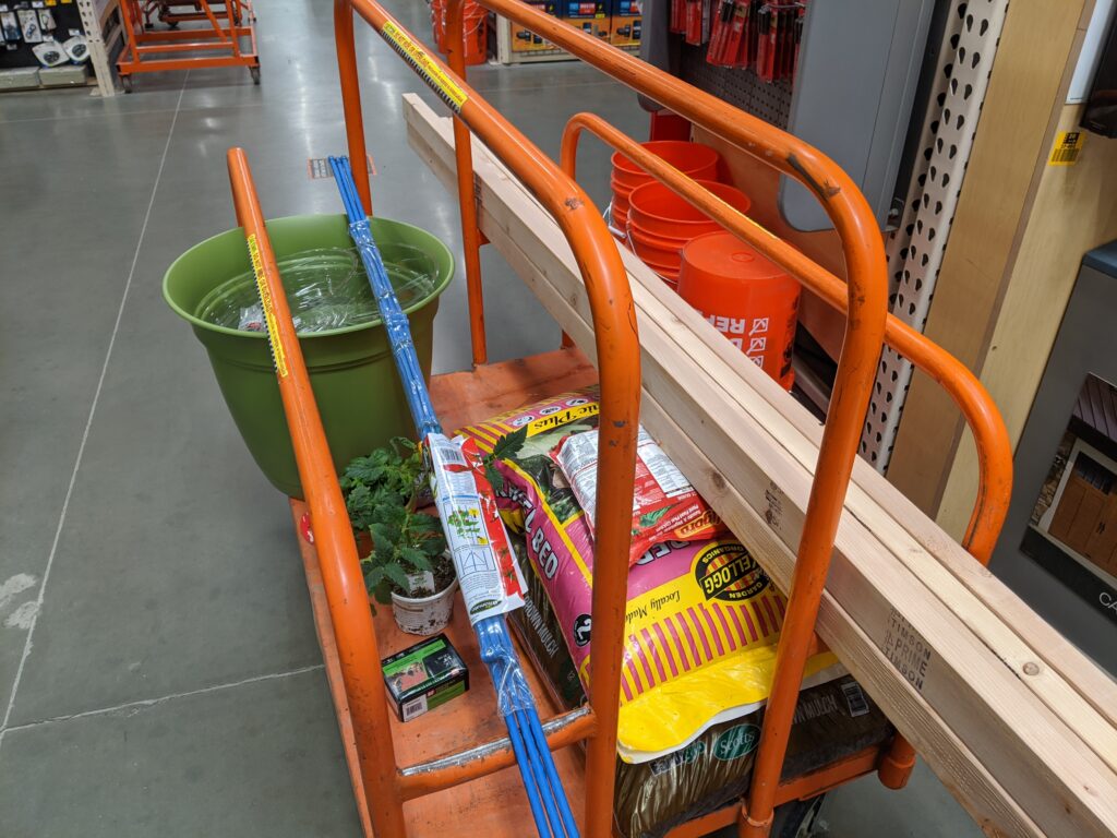 Home Depot cart filled with DIY items