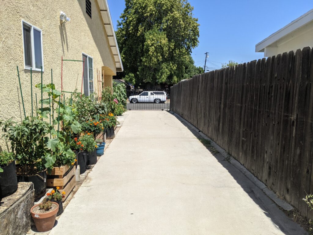 Driveway with plants along the side of the house